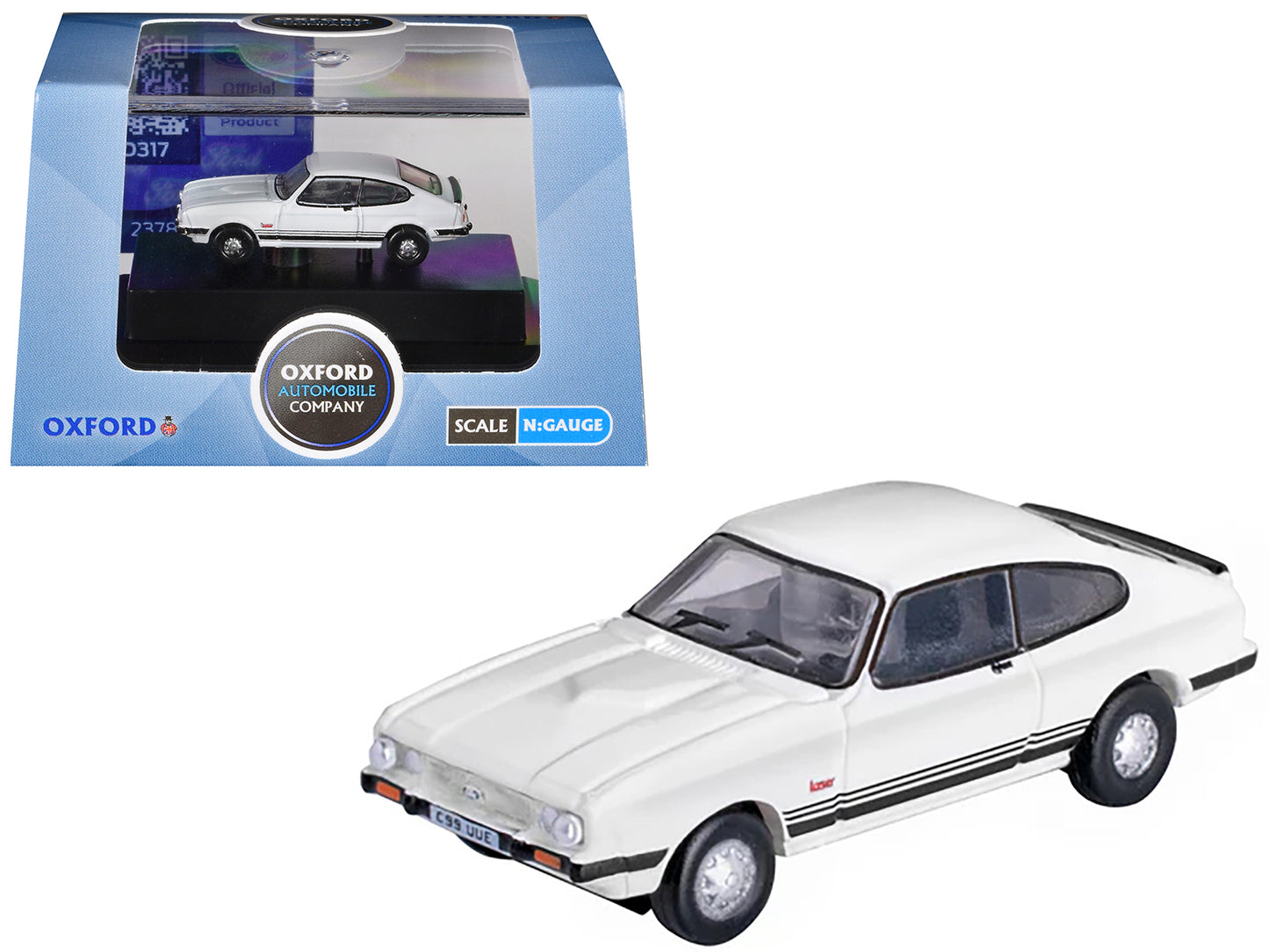 Ford Capri Mk3 RHD (Right Hand Drive) Diamond White with Black Stripes 1/148 (N) Scale Diecast Model Car by Oxford Diecast-DiecastModeler.com