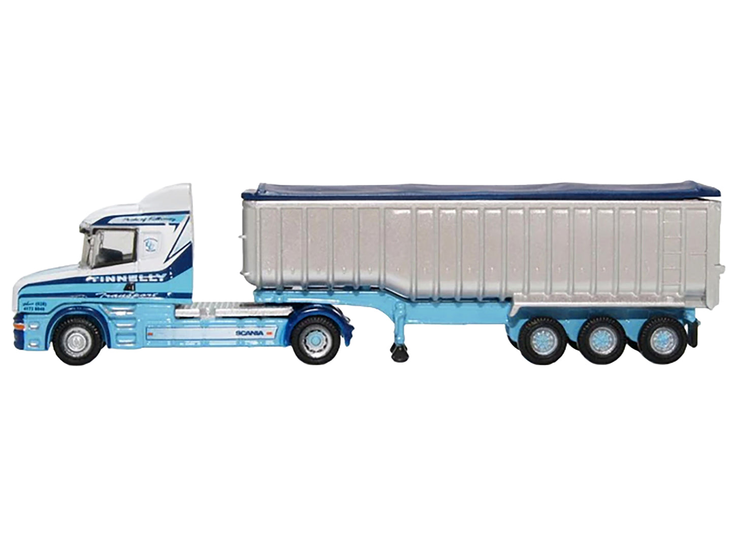 Scania T-Cab Truck RHD (Right Hand Drive) with Covered Dump Trailer "Tinnelly" White with Blue Graphics 1/148 (N) Scale Diecast Model Car by Oxford Diecast
