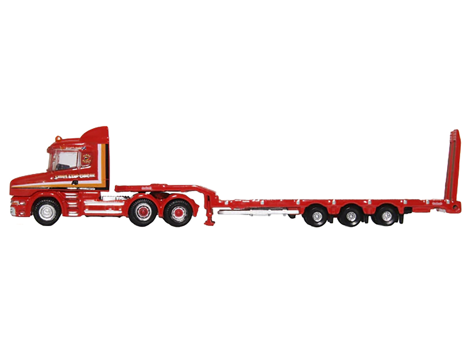 Scania T-Cab Truck RHD (Right Hand Drive) with Lowboy Trailer "Sandy Kydd" Red with Stripes 1/148 (N) Scale Diecast Model Car by Oxford Diecast-DiecastModeler.com