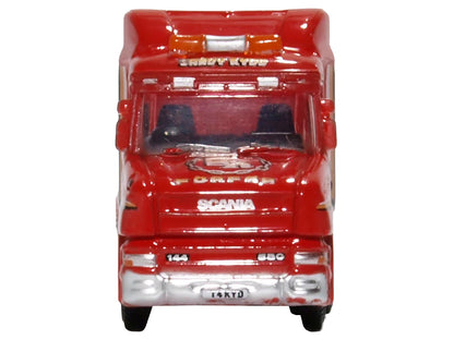 Scania T-Cab Truck RHD (Right Hand Drive) with Lowboy Trailer "Sandy Kydd" Red with Stripes 1/148 (N) Scale Diecast Model Car by Oxford Diecast