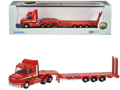 Scania T-Cab Truck RHD (Right Hand Drive) with Lowboy Trailer "Sandy Kydd" Red with Stripes 1/148 (N) Scale Diecast Model Car by Oxford Diecast-DiecastModeler.com