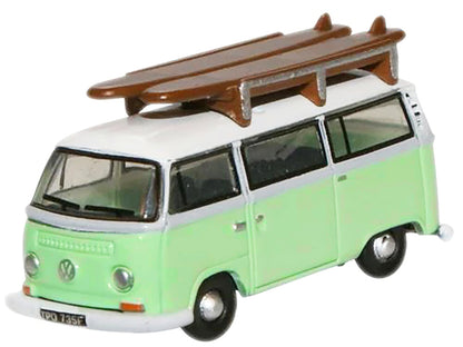 Volkswagen T2 Minibus Light Green and White with Surfboard on Roof Rack 1/148 (N) Scale Diecast Model Car by Oxford Diecast