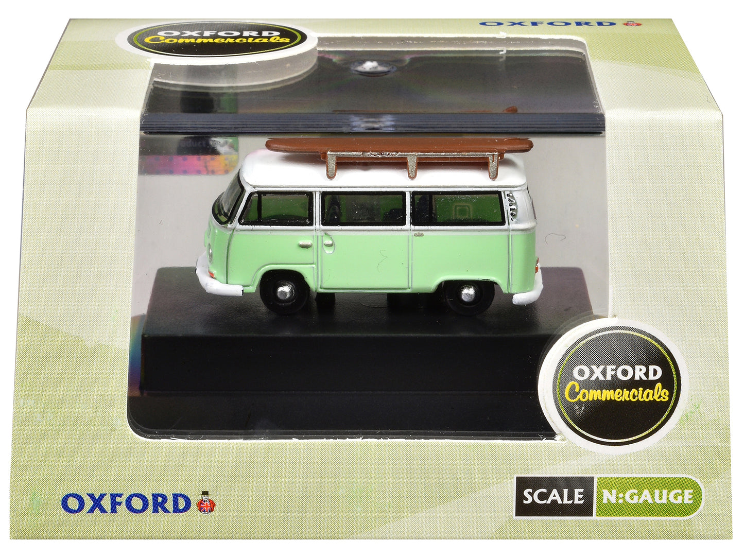 Volkswagen T2 Minibus Light Green and White with Surfboard on Roof Rack 1/148 (N) Scale Diecast Model Car by Oxford Diecast