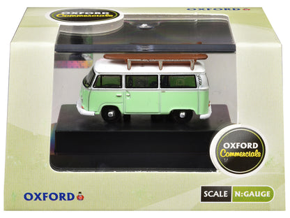 Volkswagen T2 Minibus Light Green and White with Surfboard on Roof Rack 1/148 (N) Scale Diecast Model Car by Oxford Diecast