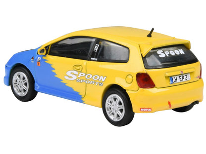 2001 Honda Civic Type R EP3 Blue and Yellow with Black Hood "Spoon Sports" 1/64 Diecast Model Car by Paragon Models-DiecastModeler.com