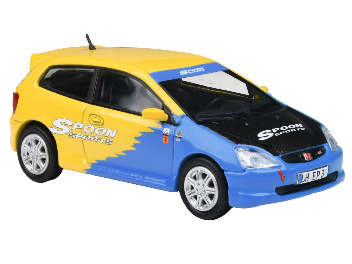 2001 Honda Civic Type R EP3 Blue and Yellow with Black Hood "Spoon Sports" 1/64 Diecast Model Car by Paragon Models-DiecastModeler.com