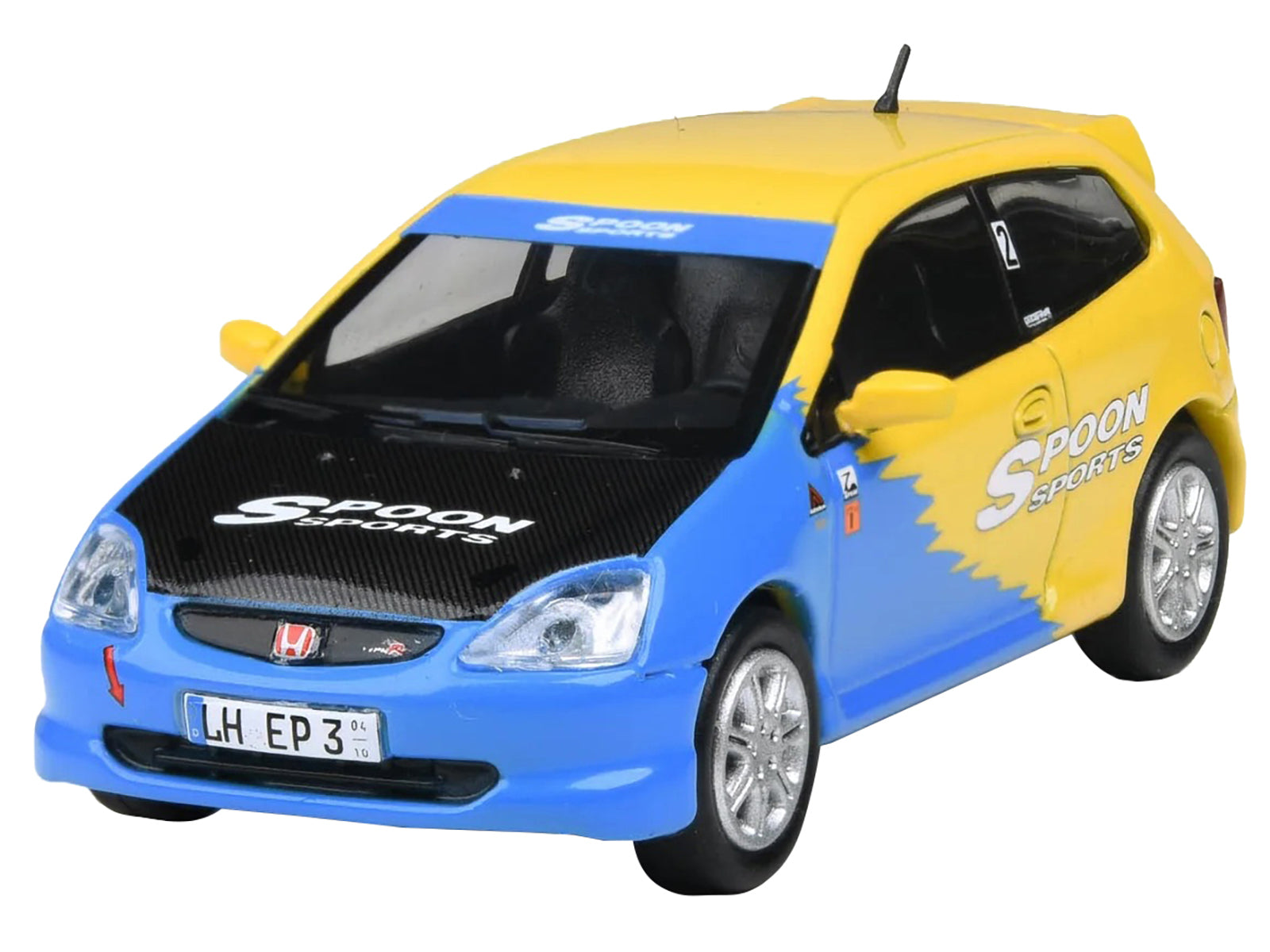 2001 Honda Civic Type R EP3 Blue and Yellow with Black Hood "Spoon Sports" 1/64 Diecast Model Car by Paragon Models-DiecastModeler.com