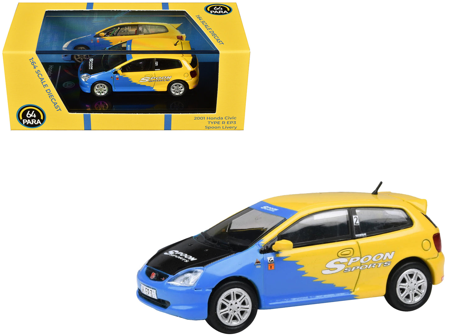 2001 Honda Civic Type R EP3 Blue and Yellow with Black Hood "Spoon Sports" 1/64 Diecast Model Car by Paragon Models-DiecastModeler.com