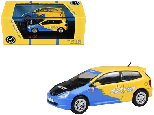 2001 Honda Civic Type R EP3 Blue and Yellow with Black Hood "Spoon Sports" 1/64 Diecast Model Car by Paragon Models-DiecastModeler.com