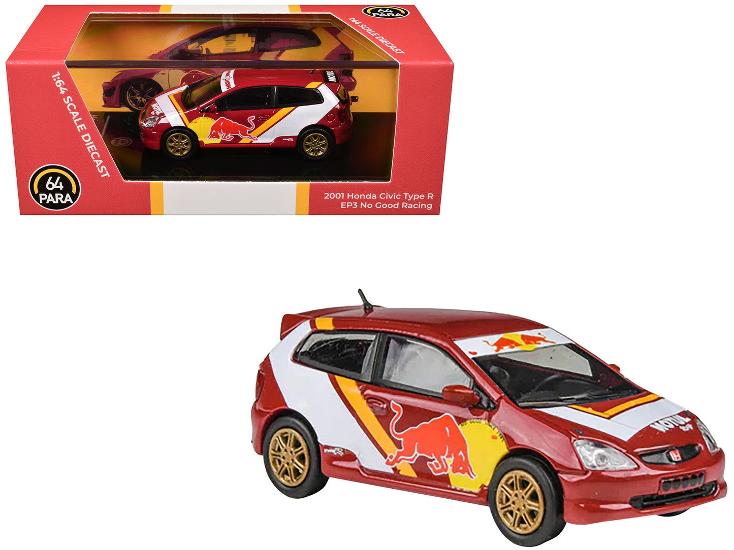 2001 Honda Civic Type R EP3 "No Good Racing" Red and White with Graphics 1/64 Diecast Model Car by Paragon Models-DiecastModeler.com