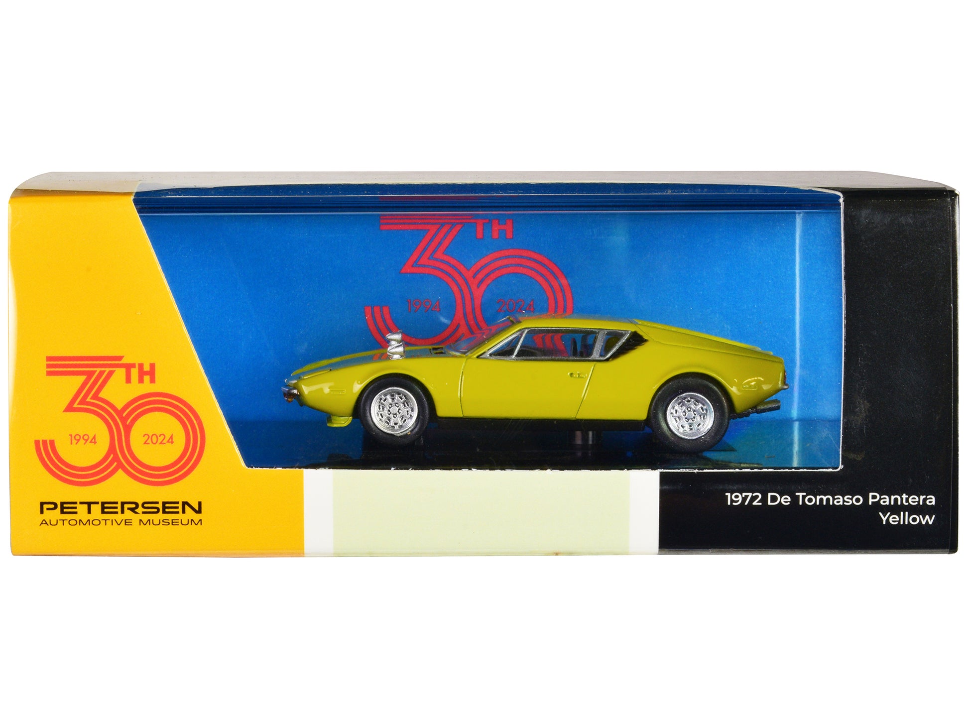 1972 De Tomaso Pantera Yellow "Petersen Automotive Museum 30th Anniversary" 1/64 Diecast Model Car by Paragon Models-DiecastModeler.com