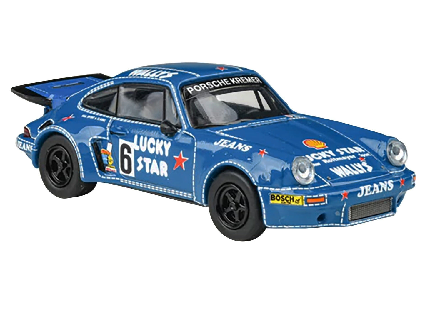 1975 Porsche 911 Carrera RSR 3.0 #6 "Kremer Racing - Wallys Jeans" Blue 1/64 Diecast Model Car by Paragon Models