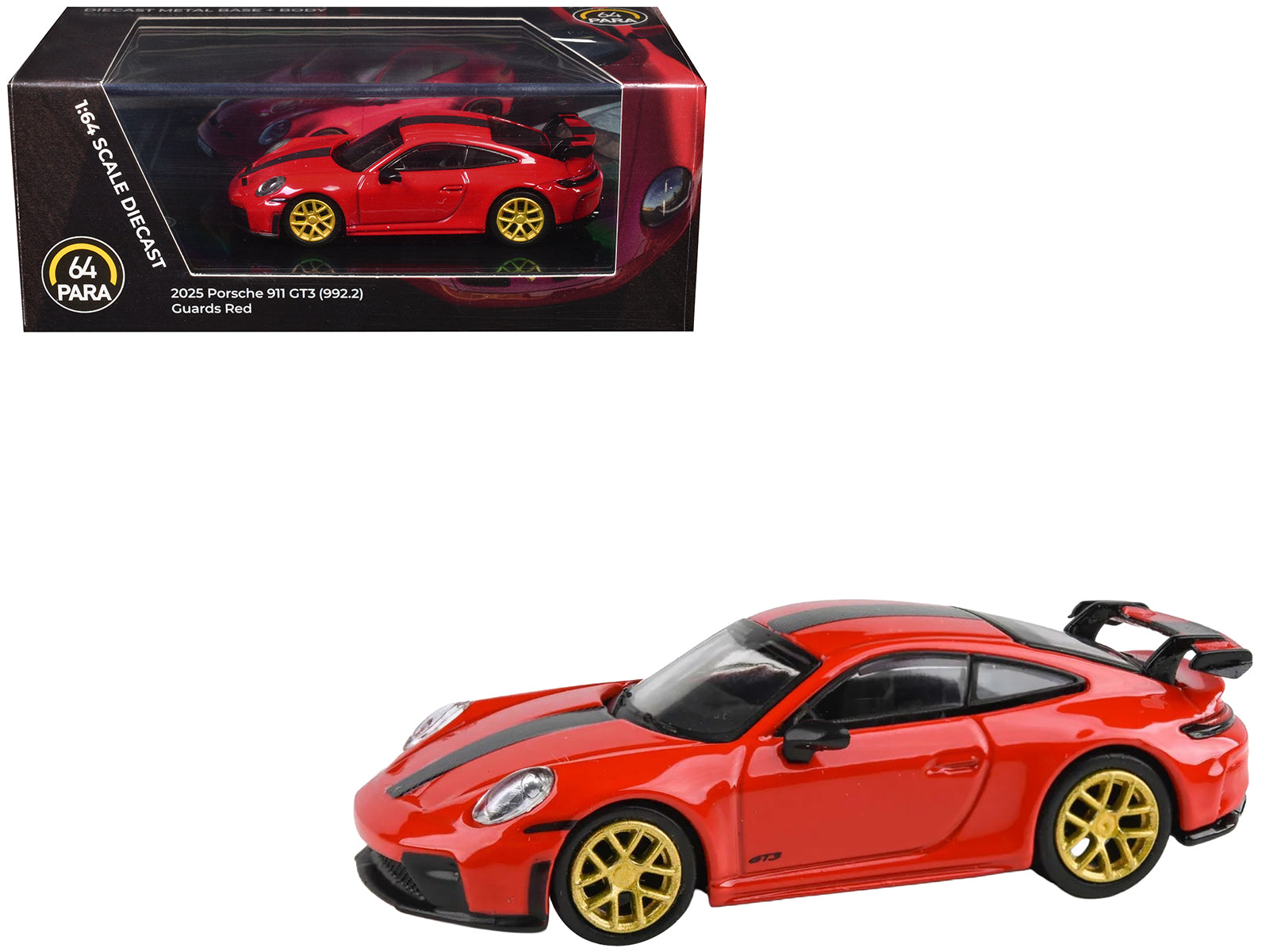 2025 Porsche 911 GT3 (992.2) Guards Red with Carbon Stripe and Gold Wheels 1/64 Diecast Model Car by Paragon Models-DiecastModeler.com