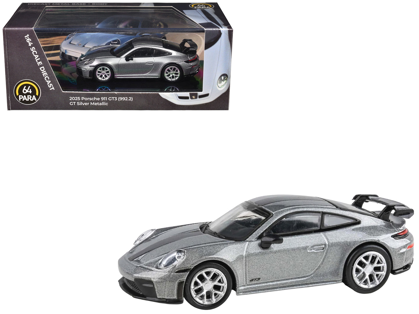 2025 Porsche 911 GT3 (992.2) GT Silver Metallic with Carbon Stripe 1/64 Diecast Model Car by Paragon Models