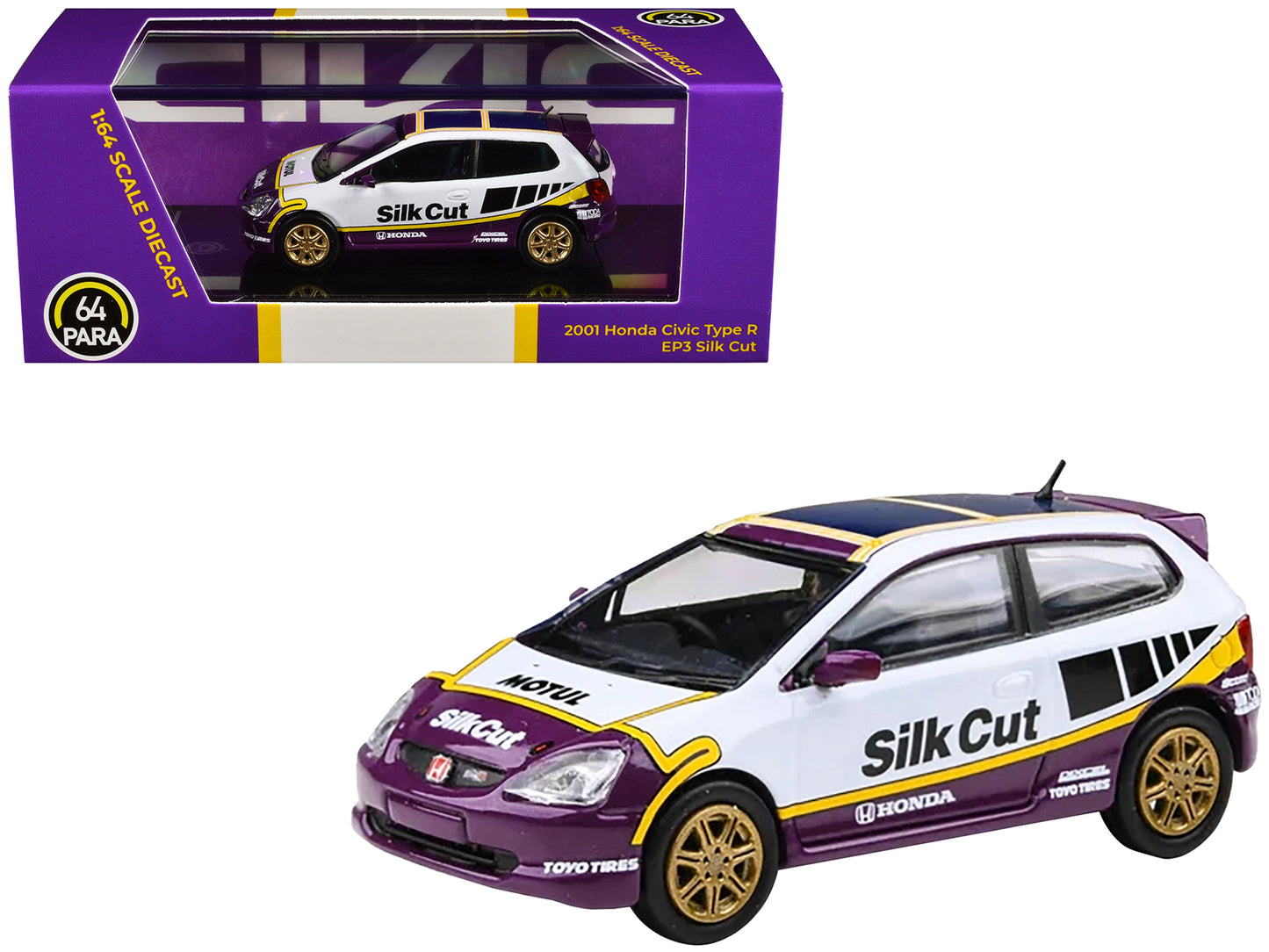 2001 Honda Civic Type R EP3 "Silk Cut" White and Purple with Graphics 1/64 Diecast Model Car by Paragon Models