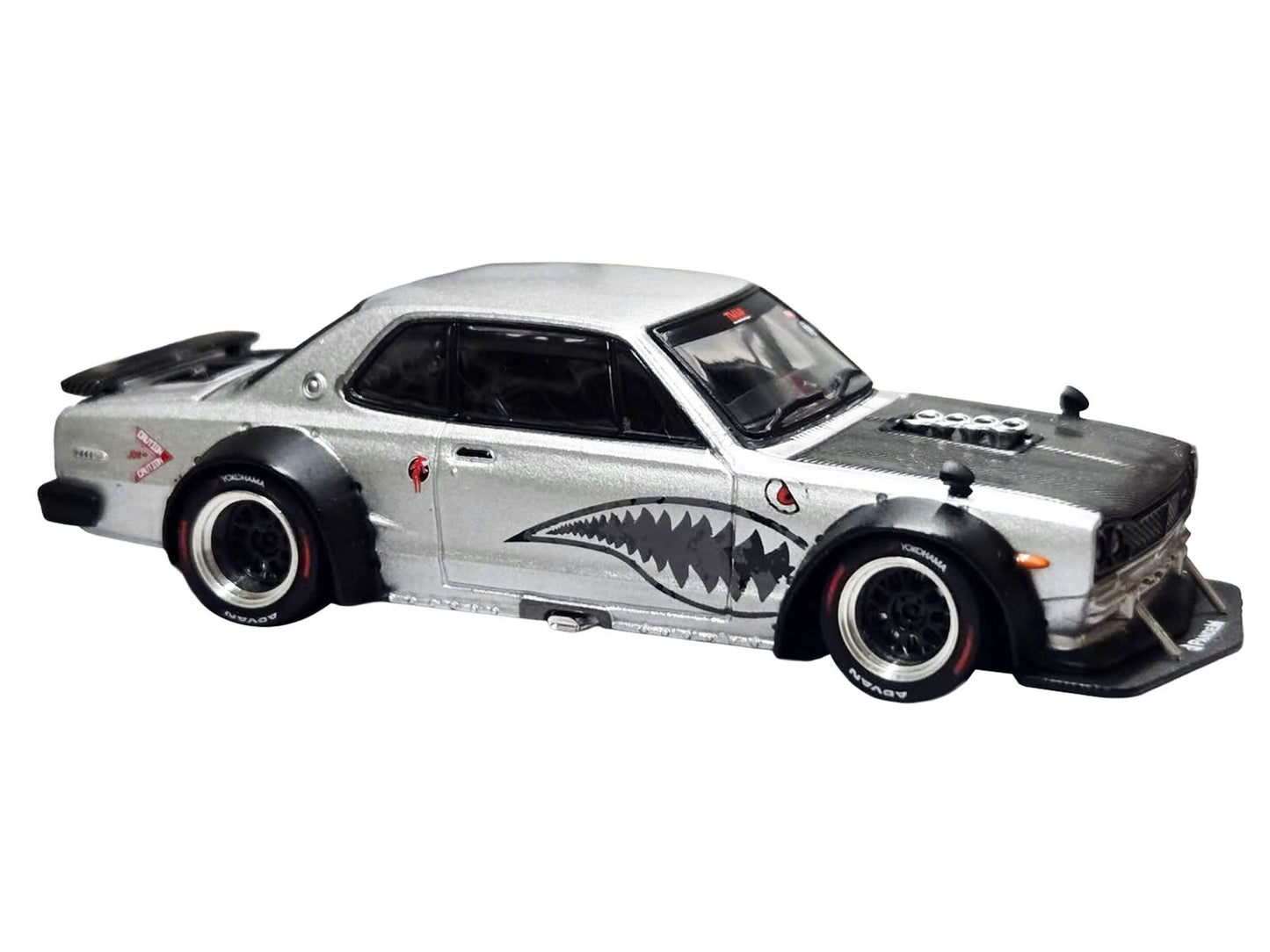 Skyline GT-R V8 Drift "Hakosuka" RHD (Right Hand Drive) Silver Metallic with Carbon Hood and Shark Mouth Graphics "Enigma Exclusive Edition" 1/64 Diecast Model Car by Pop Race