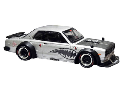 Skyline GT-R V8 Drift "Hakosuka" RHD (Right Hand Drive) Silver Metallic with Carbon Hood and Shark Mouth Graphics "Enigma Exclusive Edition" 1/64 Diecast Model Car by Pop Race