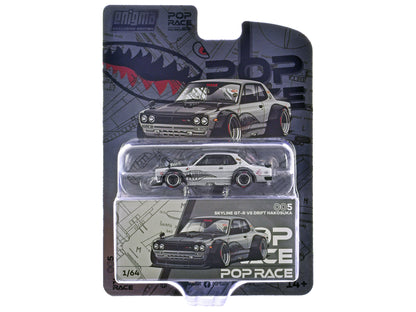 Skyline GT-R V8 Drift "Hakosuka" RHD (Right Hand Drive) Silver Metallic with Carbon Hood and Shark Mouth Graphics "Enigma Exclusive Edition" 1/64 Diecast Model Car by Pop Race
