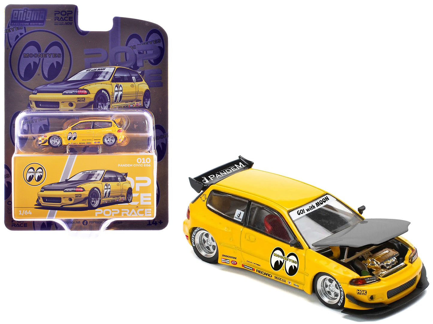 Pandem Civic EG6 RHD (Right Hand Drive) "Mooneyes" Yellow with Carbon Hood "Enigma Exclusive Edition" 1/64 Diecast Model Car by Pop Race