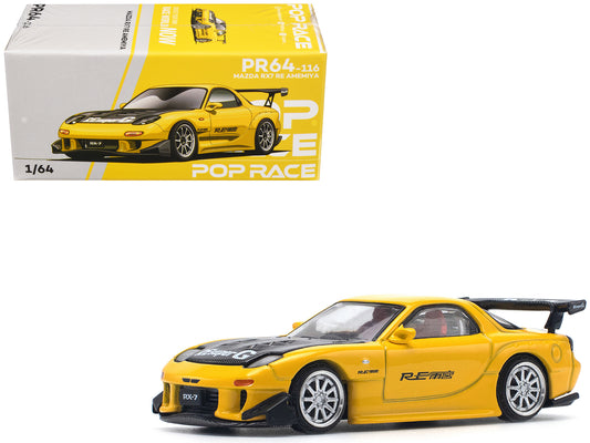 Mazda RX7 (FD) "RE Amemiya" Widebody RHD (Right Hand Drive) Yellow with Carbon Hood 1/64 Diecast Model Car by Pop Race-DiecastModeler.com