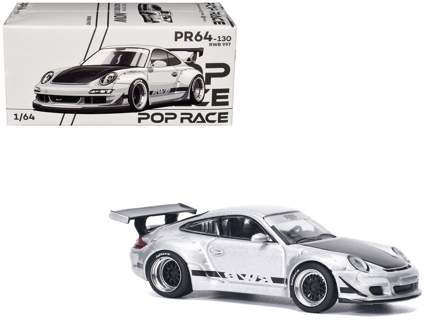 RWB 997 Silver Metallic with Black Stripes and Hood 1/64 Diecast Model Car by Pop Race