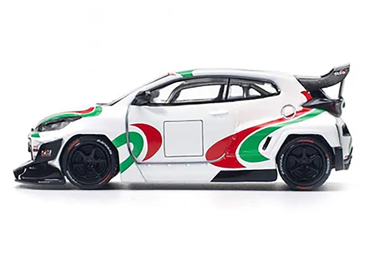 Toyota Pandem GR Yaris RHD (Right Hand Drive) "Rally Livery" White with Red and Green Graphics 1/64 Diecast Model Car by Pop Race