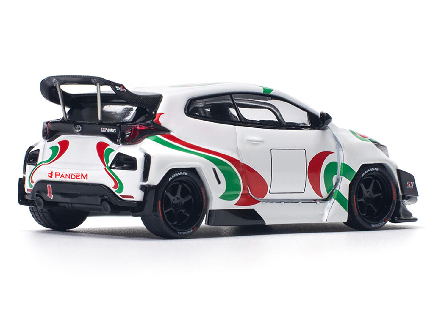 Toyota Pandem GR Yaris RHD (Right Hand Drive) "Rally Livery" White with Red and Green Graphics 1/64 Diecast Model Car by Pop Race
