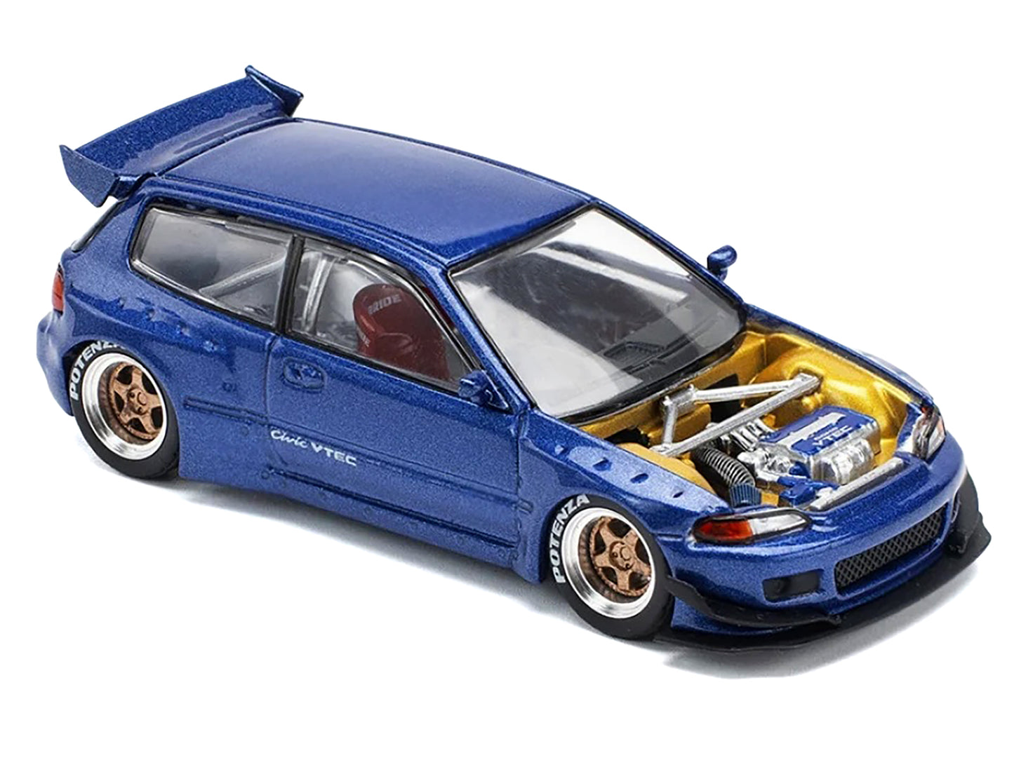 Pandem Civic EG6 VTEC RHD (Right Hand Drive) Blue Metallic with No Hood 1/64 Diecast Model Car by Pop Race