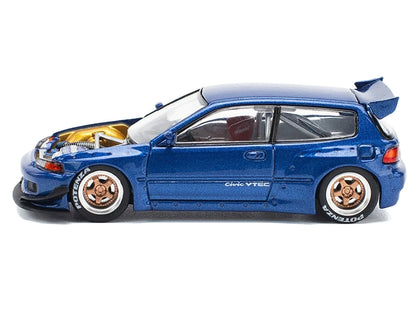 Pandem Civic EG6 VTEC RHD (Right Hand Drive) Blue Metallic with No Hood 1/64 Diecast Model Car by Pop Race-DiecastModeler.com