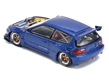 Pandem Civic EG6 VTEC RHD (Right Hand Drive) Blue Metallic with No Hood 1/64 Diecast Model Car by Pop Race