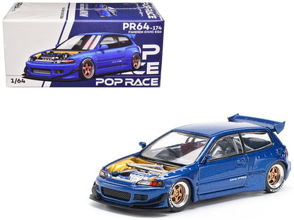 Pandem Civic EG6 VTEC RHD (Right Hand Drive) Blue Metallic with No Hood 1/64 Diecast Model Car by Pop Race-DiecastModeler.com