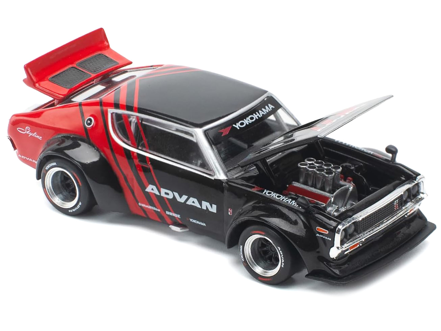 Skyline KPGC110 "Kenmeri" RHD (Right Hand Drive) "ADVAN" Black and Red 1/64 Diecast Model Car by Pop Race