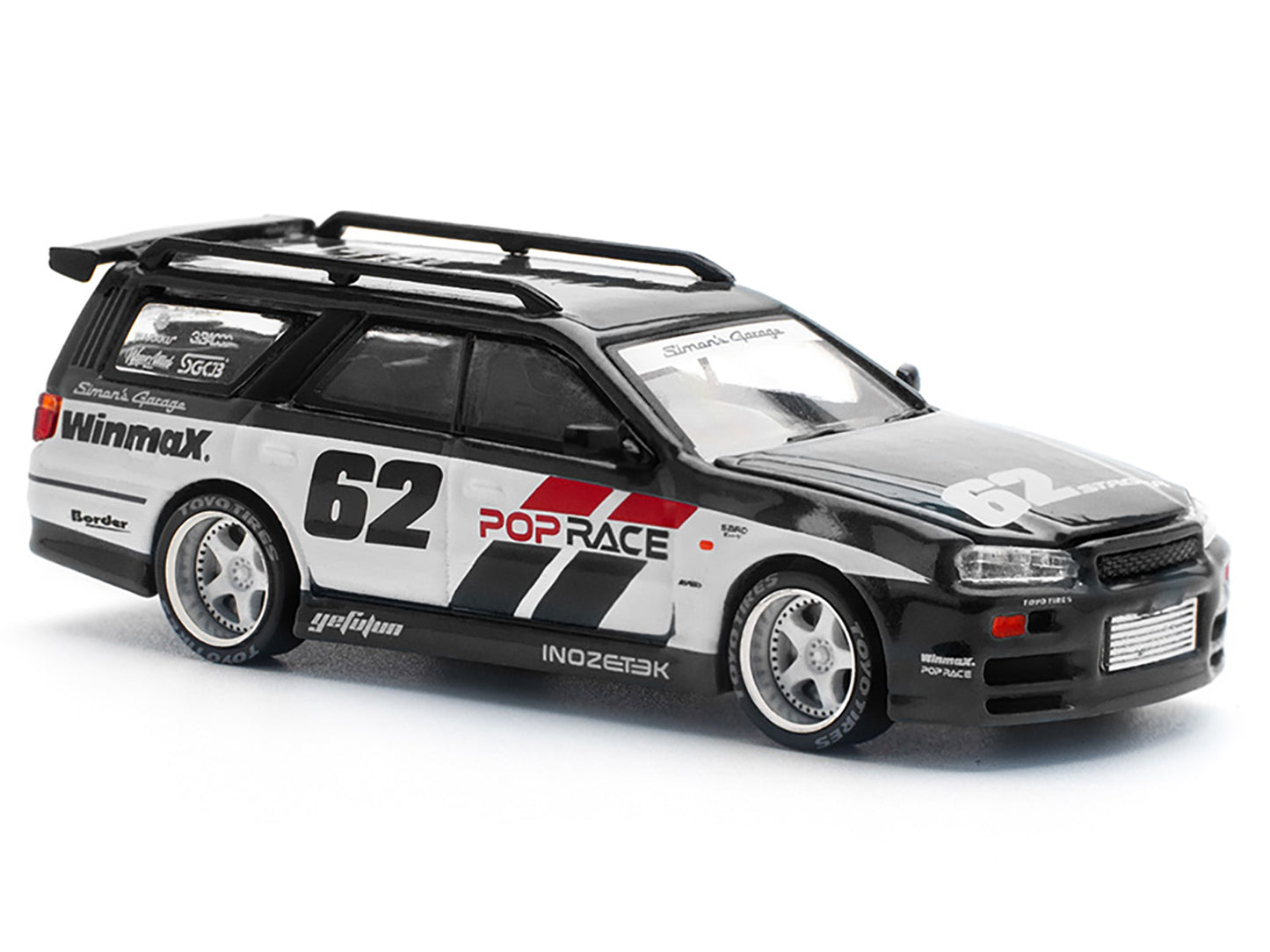 GT-R Stagea RHD (Right Hand Drive) #62 "Simon's Garage" Black with White Sides 1/64 Diecast Model Car by Pop Race