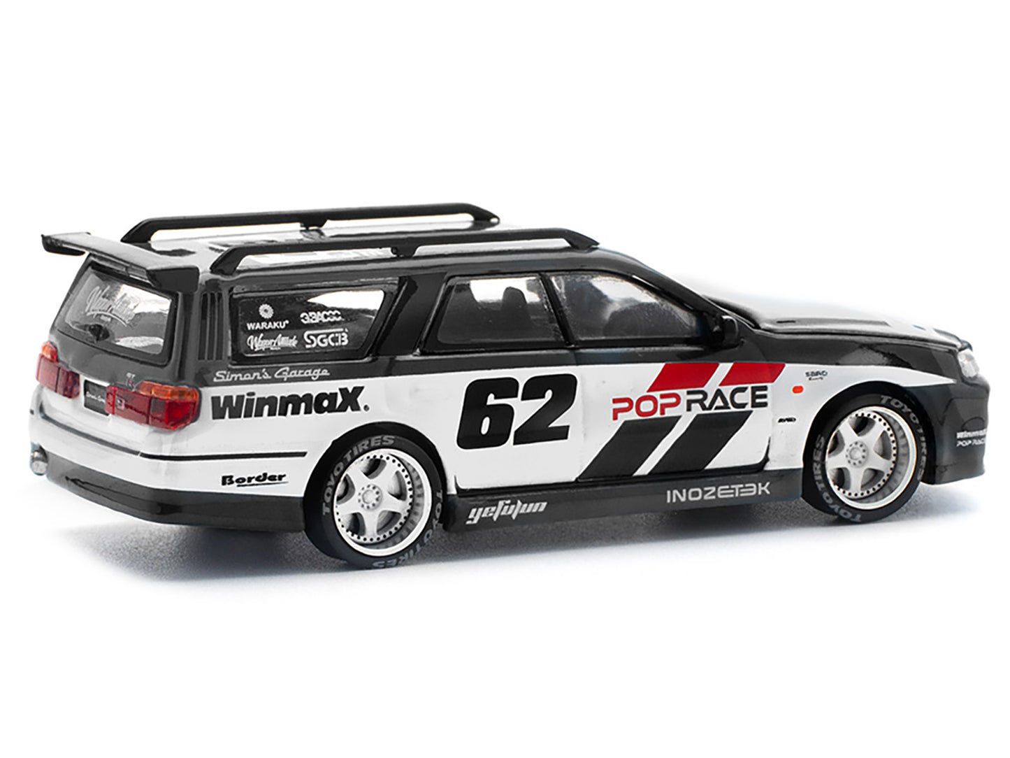 GT-R Stagea RHD (Right Hand Drive) #62 "Simon's Garage" Black with White Sides 1/64 Diecast Model Car by Pop Race