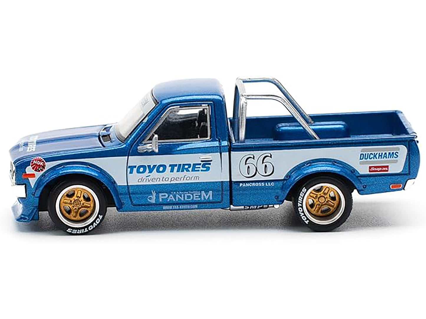 Datsun Pandem 620 Pickup Truck #66 Blue Metallic with White Stripes and Graphics 1/64 Diecast Model Car by Pop Race