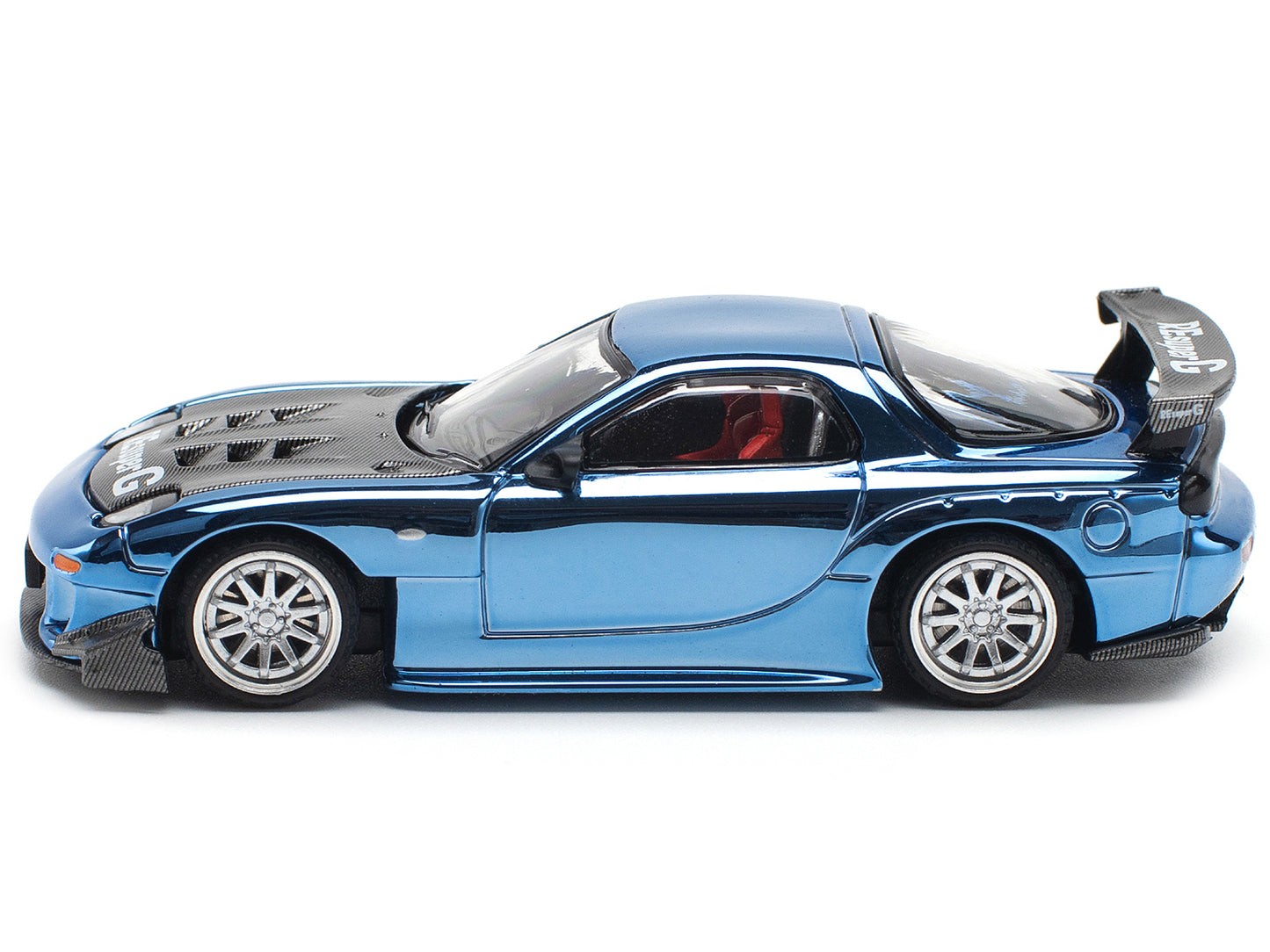 Mazda RX-7 RE-Amemiya Widebody RHD (Right Hand Drive) Blue Chrome with Carbon Hood 1/64 Diecast Model Car by Pop Race