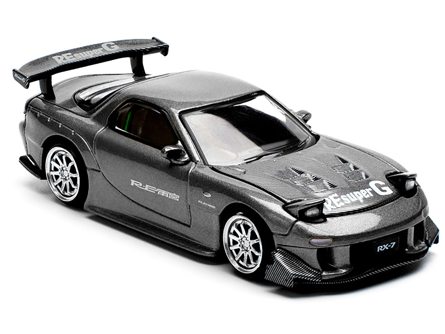 Mazda RX7 (FD) "RE Amemiya" Widebody RHD (Right Hand Drive) Gunmetal Gray Metallic with Carbon Hood 1/64 Diecast Model Car by Pop Race