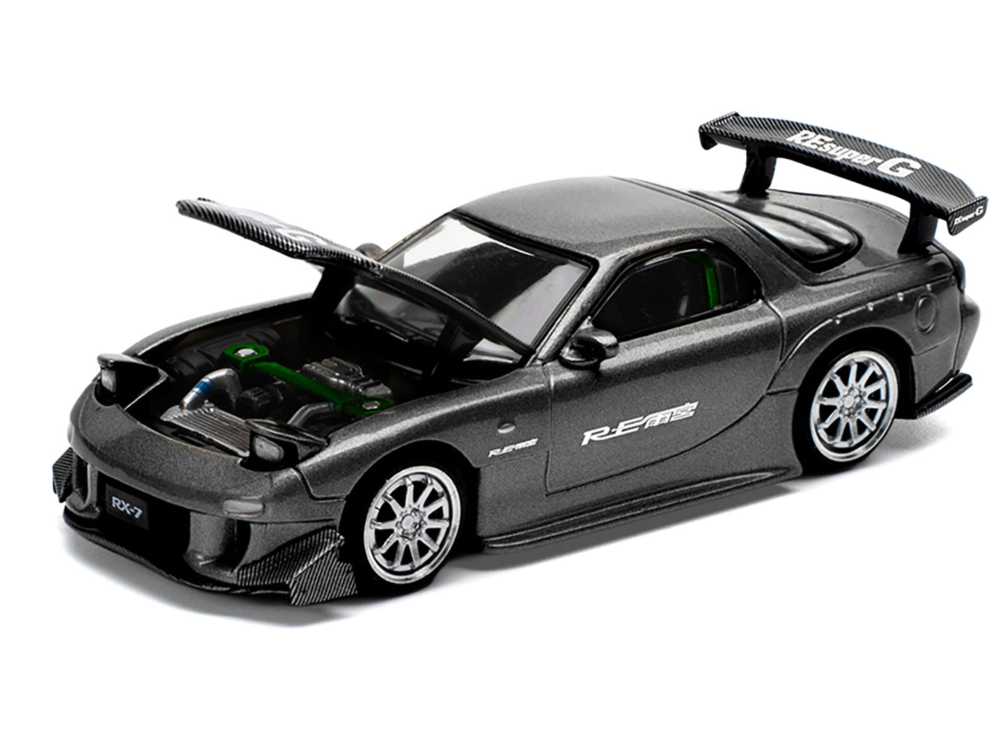 Mazda RX7 (FD) "RE Amemiya" Widebody RHD (Right Hand Drive) Gunmetal Gray Metallic with Carbon Hood 1/64 Diecast Model Car by Pop Race