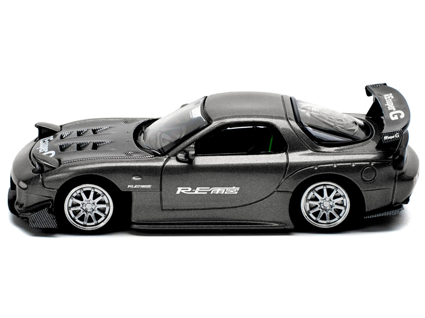 Mazda RX7 (FD) "RE Amemiya" Widebody RHD (Right Hand Drive) Gunmetal Gray Metallic with Carbon Hood 1/64 Diecast Model Car by Pop Race