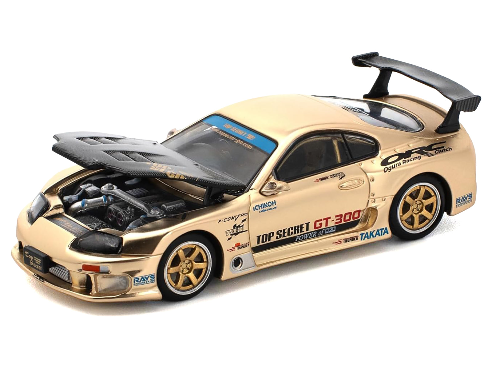 Toyota Supra "Top Secret" GT300 RHD (Right Hand Drive) Gold Metallic with Carbon Hood 1/64 Diecast Model Car by Pop Race-DiecastModeler.com