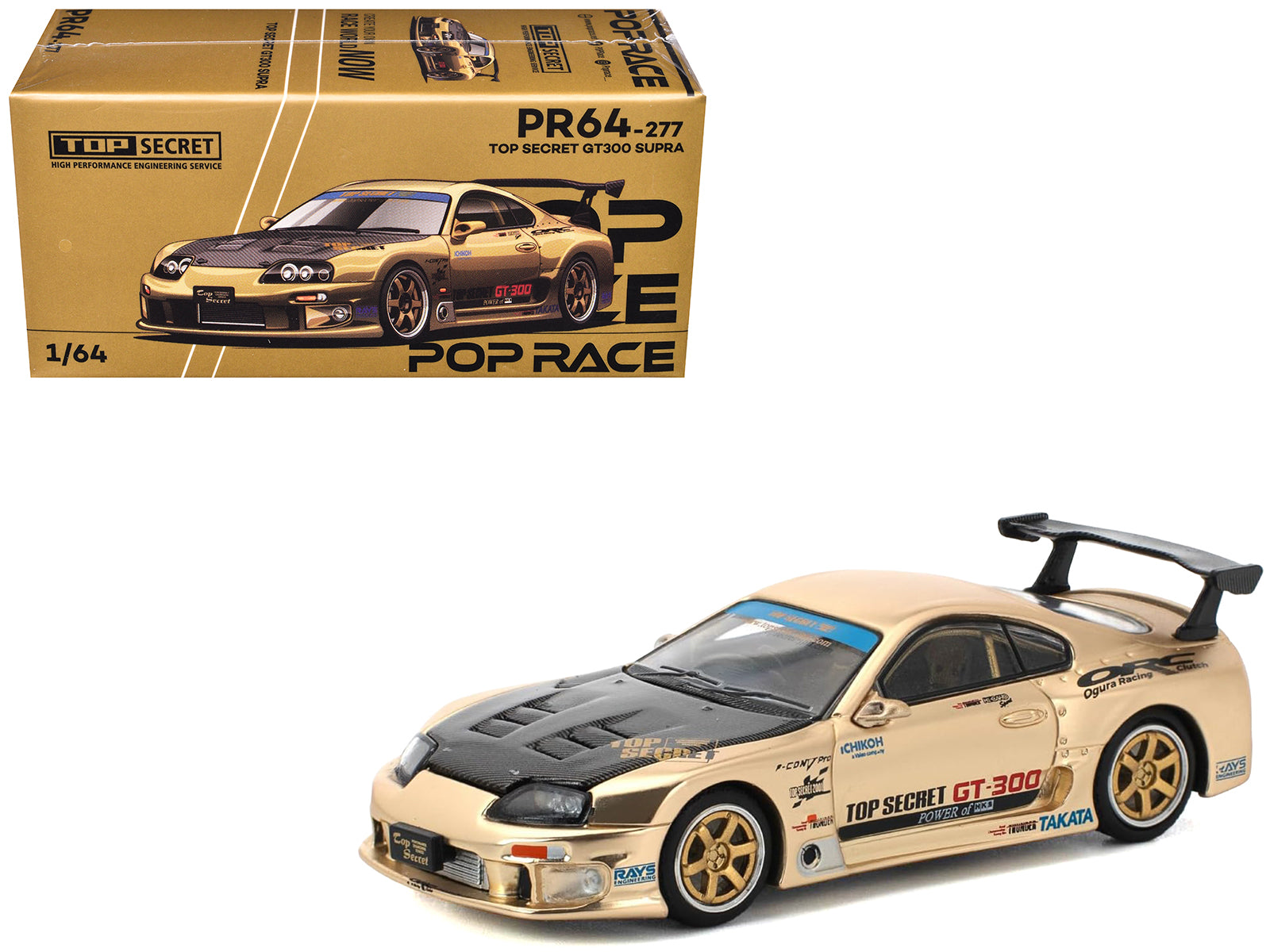 Toyota Supra "Top Secret" GT300 RHD (Right Hand Drive) Gold Metallic with Carbon Hood 1/64 Diecast Model Car by Pop Race-DiecastModeler.com