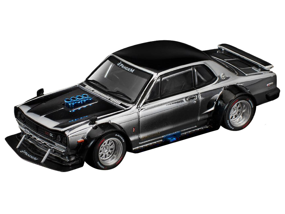 Skyline GT-R V8 Drift "Hakosuka" RHD (Right Hand Drive) Silver Chrome with Black Hood and Top 1/64 Diecast Model Car by Pop Race