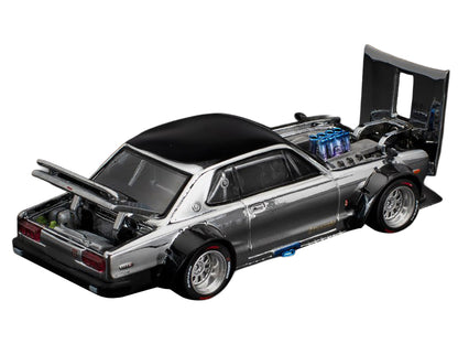 Skyline GT-R V8 Drift "Hakosuka" RHD (Right Hand Drive) Silver Chrome with Black Hood and Top 1/64 Diecast Model Car by Pop Race