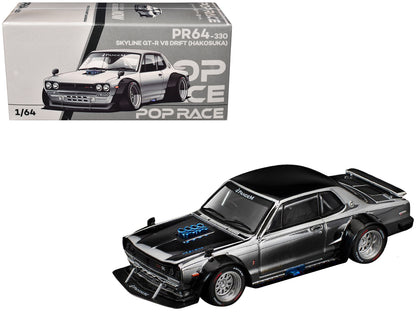 Skyline GT-R V8 Drift "Hakosuka" RHD (Right Hand Drive) Silver Chrome with Black Hood and Top 1/64 Diecast Model Car by Pop Race