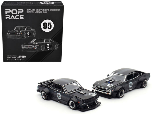 Skyline GT-R V8 Drift "Hakosuka" RHD (Right Hand Drive) #95 Black and Datsun Laurel C130 RHD (Right Hand Drive) Black 2 Car Box Set "Hong Kong Toycar Salon 2025" 1/64 Diecast Model Car by Pop Race-DiecastModeler.com