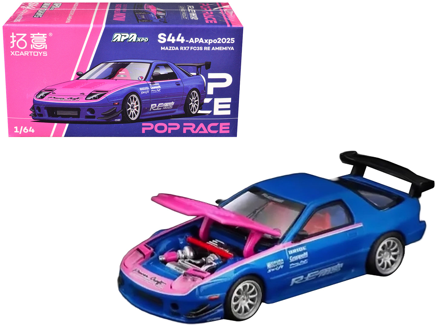 Mazda RX7 (FC3S) RE Amemiya RHD (Right Hand Drive) Blue Metallic with Pink Hood "APA XPO 2025 Exclusive" 1/64 Diecast Model Car by Pop Race-DiecastModeler.com