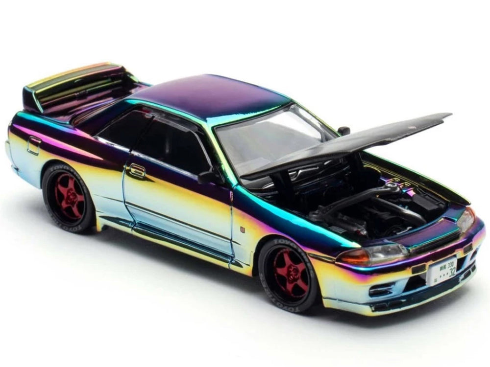 Skyline GT-R (BNR32) RHD (Right Hand Drive) Chameleon Chrome with Carbon Hood "APA XPO 2025 Exclusive 1/64 Diecast Model Car by Pop Race-DiecastModeler.com