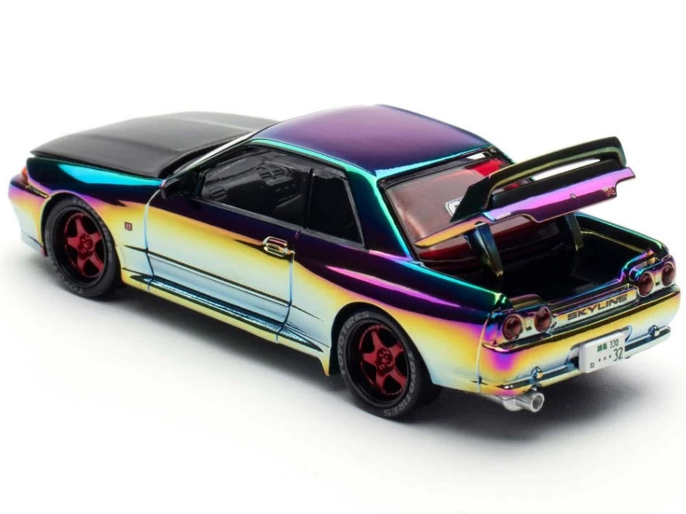 Skyline GT-R (BNR32) RHD (Right Hand Drive) Chameleon Chrome with Carbon Hood "APA XPO 2025 Exclusive 1/64 Diecast Model Car by Pop Race-DiecastModeler.com