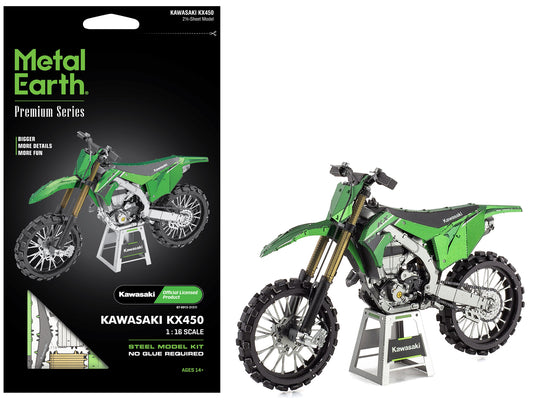 Model Kit Kawasaki KX450 Off-Road Motorcycle Green (Challenging Difficulty) Steel Model by Metal Earth
