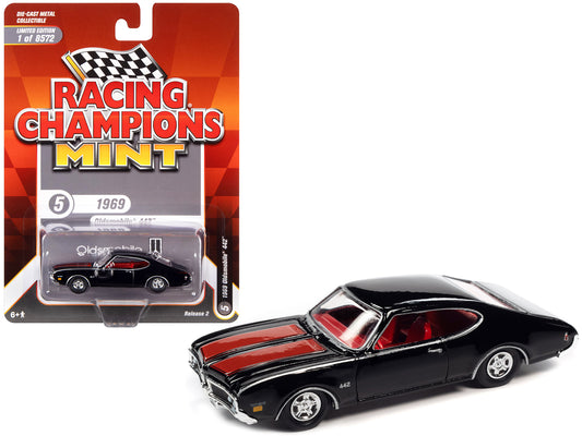 1969 Oldsmobile 442 Black with Red Stripes and Red Interior "Racing Champions Mint 2022" Release 2 Limited Edition to 8572 pieces Worldwide 1/64 Diecast Model Car by Racing Champions-DiecastModeler.com